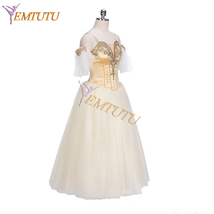 EMTUTU Adult Stetch Satin Gold Fairy Custom Ballerina Long Dress Professional Romantic Tutu Ballet Costume