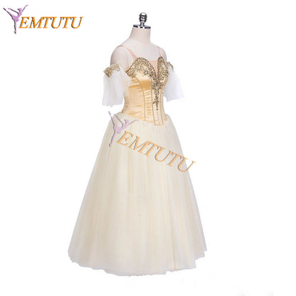 EMTUTU Adult Stetch Satin Gold Fairy Custom Ballerina Long Dress Professional Romantic Tutu Ballet Costume