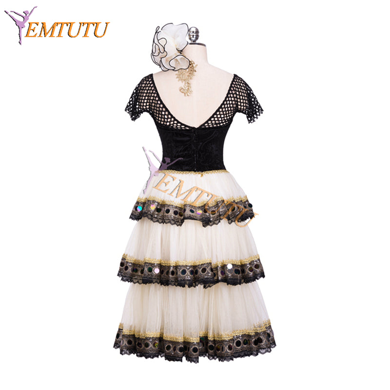 EMTUTU Spanish Style Ivory and Black Mercedes Variation Professional Romantic tutu Ballet Dance Costume