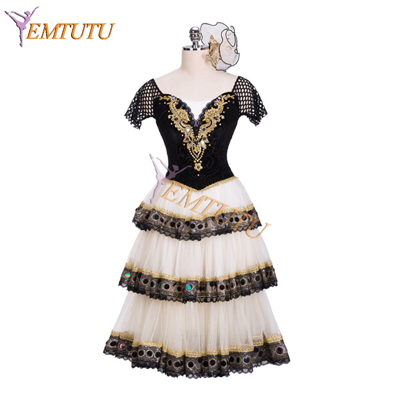 EMTUTU Spanish Style Ivory and Black Mercedes Variation Professional Romantic tutu Ballet Dance Costume