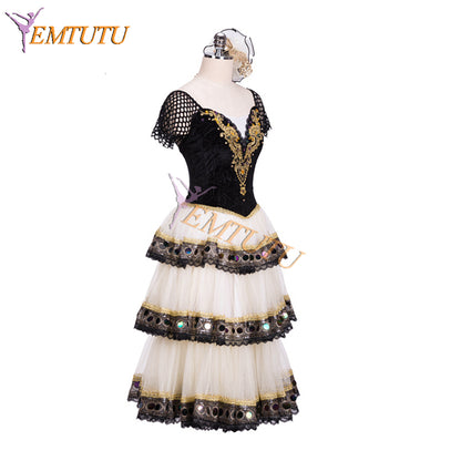 EMTUTU Spanish Style Ivory and Black Mercedes Variation Professional Romantic tutu Ballet Dance Costume