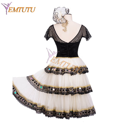 EMTUTU Spanish Style Ivory and Black Mercedes Variation Professional Romantic tutu Ballet Dance Costume