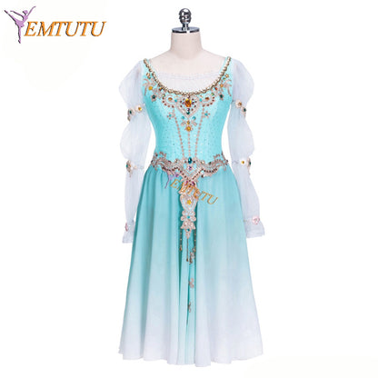 EMTUTU Blue Fading Chiffon Swan Lake Pas De Trois Ballerina Dress Professional Ballet Competition Costumes