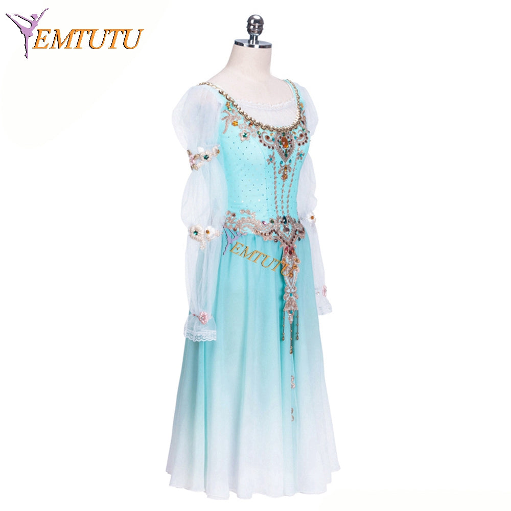 EMTUTU Blue Fading Chiffon Swan Lake Pas De Trois Ballerina Dress Professional Ballet Competition Costumes