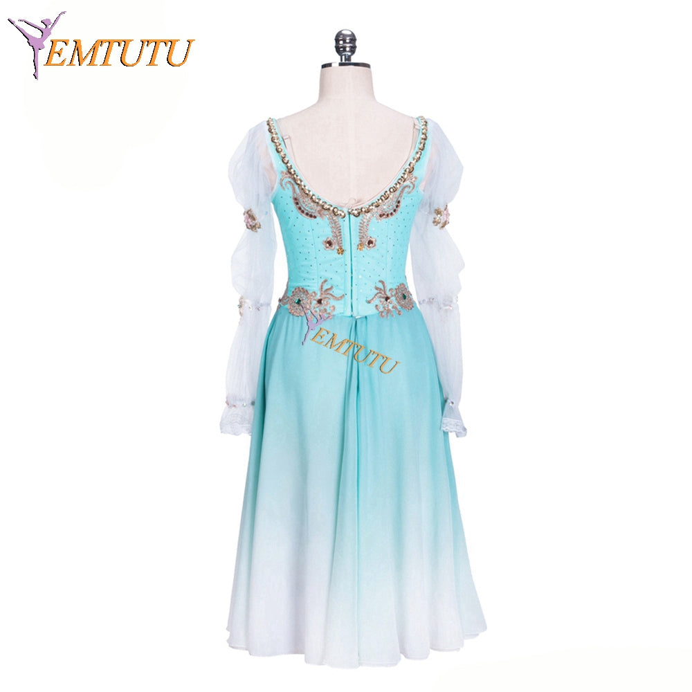 EMTUTU Blue Fading Chiffon Swan Lake Pas De Trois Ballerina Dress Professional Ballet Competition Costumes