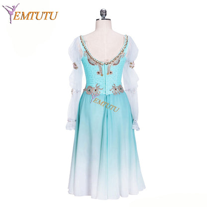 EMTUTU Blue Fading Chiffon Swan Lake Pas De Trois Ballerina Dress Professional Ballet Competition Costumes