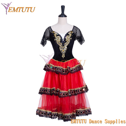 EMTUTU Red and Black Kitri Variation Spanish Style Stage Costume Romantic Tutu Ballet Dress for Girls