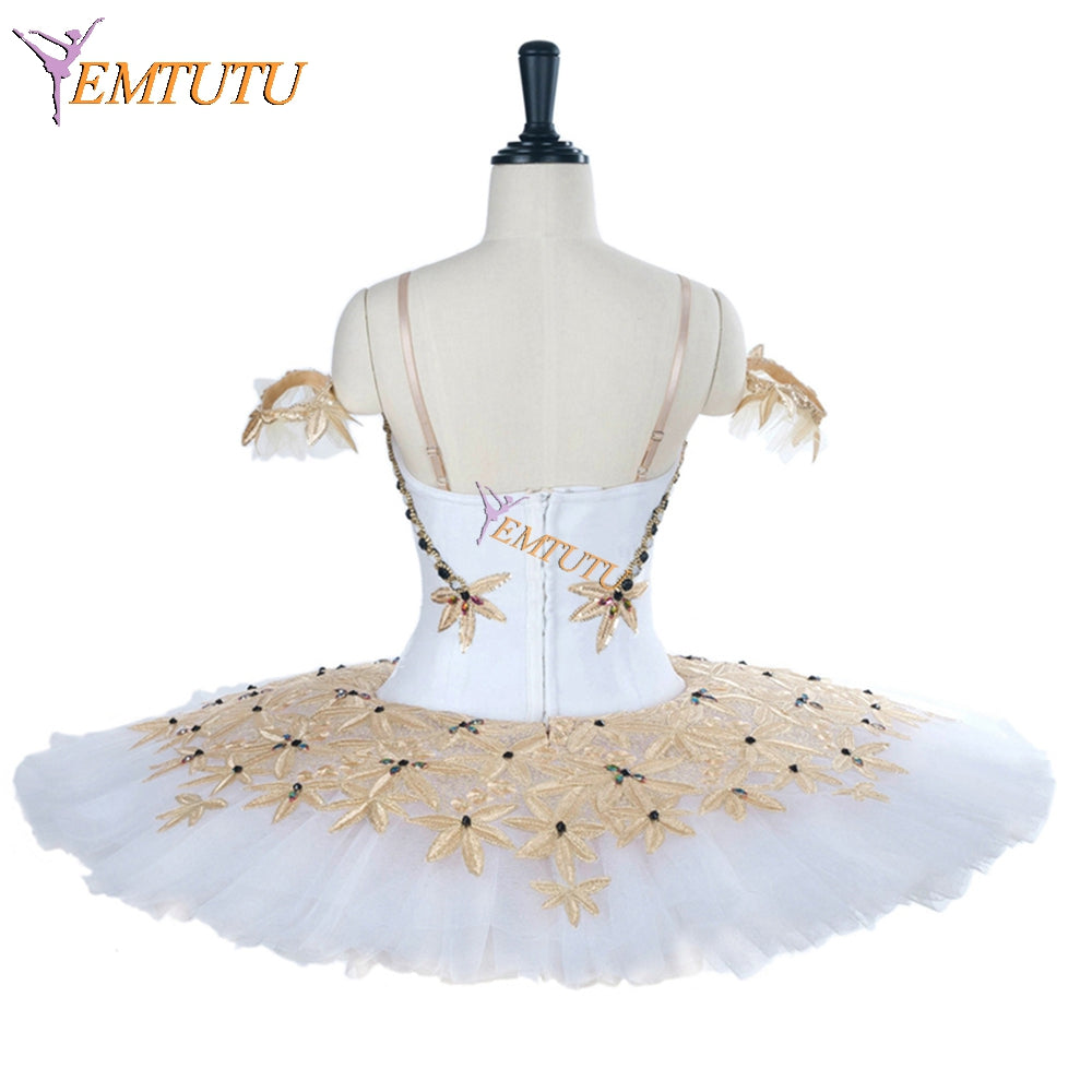 EMTUTU Adult White and Gold Ballerina Professional Platter Tutu Girls Coppelia Doll Costume Ballet EM1283