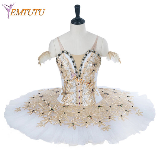 EMTUTU Adult White and Gold Ballerina Professional Platter Tutu Girls Coppelia Doll Costume Ballet EM1283