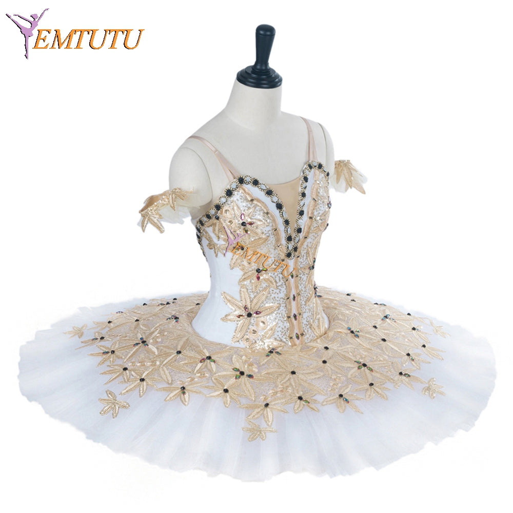 EMTUTU Adult White and Gold Ballerina Professional Platter Tutu Girls Coppelia Doll Costume Ballet EM1283