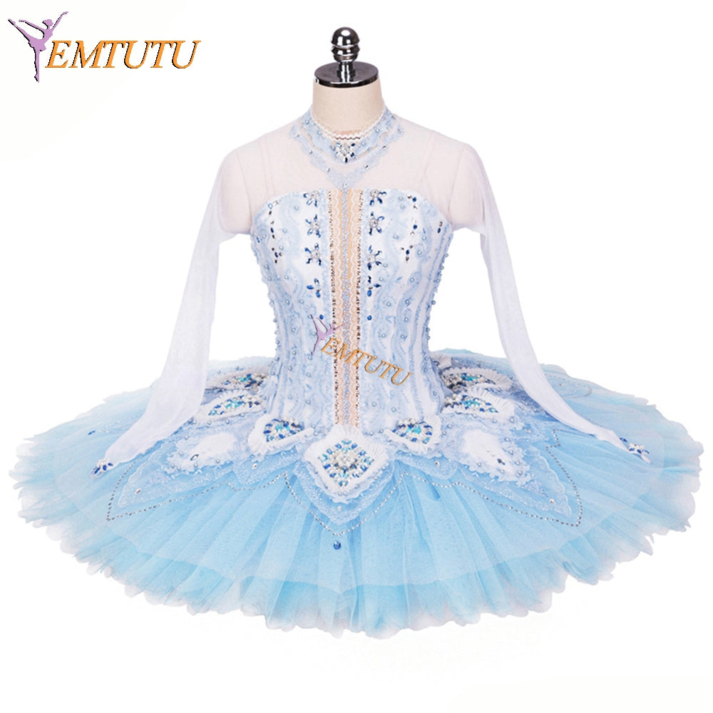 EMTUTU Long Sleeve Nutcracker Snow Queen Variation Ballerina Ballet Competition Tutu Blue Ballerina Costume