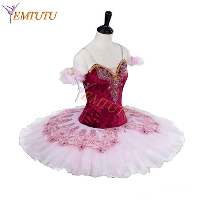 EMTUTU Girls Burgundy Velvet Bodice Hard Tulle Classical the Fairy Doll Variation Tutu Ballet Costume Professional EM9001