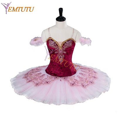 EMTUTU Girls Burgundy Velvet Bodice Hard Tulle Classical the Fairy Doll Variation Tutu Ballet Costume Professional EM9001