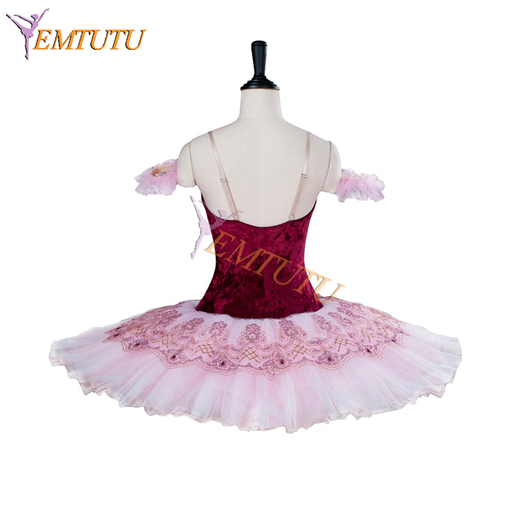 EMTUTU Girls Burgundy Velvet Bodice Hard Tulle Classical the Fairy Doll Variation Tutu Ballet Costume Professional EM9001