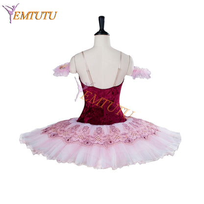 EMTUTU Girls Burgundy Velvet Bodice Hard Tulle Classical the Fairy Doll Variation Tutu Ballet Costume Professional EM9001