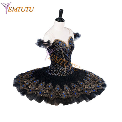 EMTUTU Girls Black Velvet Bodice YAGP Ballet Dress Swan Lake Odile Variation Dance Costumes EM9003