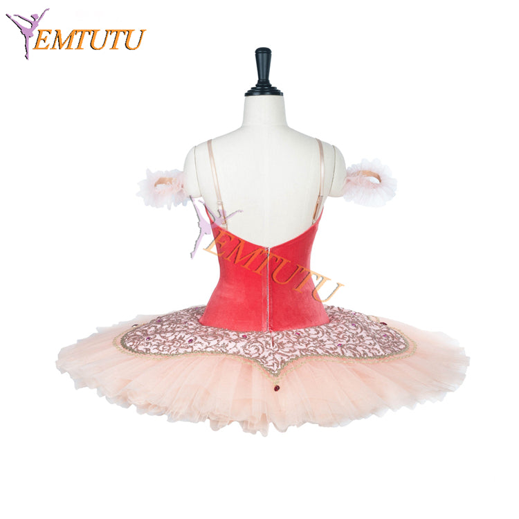 EMTUTU Girls Dark Pink Velvet Stiff Tulle Professional Stage Costume for Coppelia Dawn Variation Costume Ballet EM9007