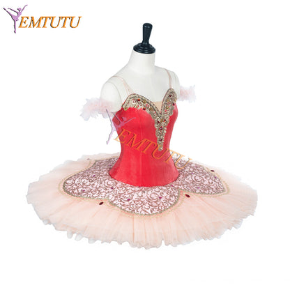 EMTUTU Girls Dark Pink Velvet Stiff Tulle Professional Stage Costume for Coppelia Dawn Variation Costume Ballet EM9007