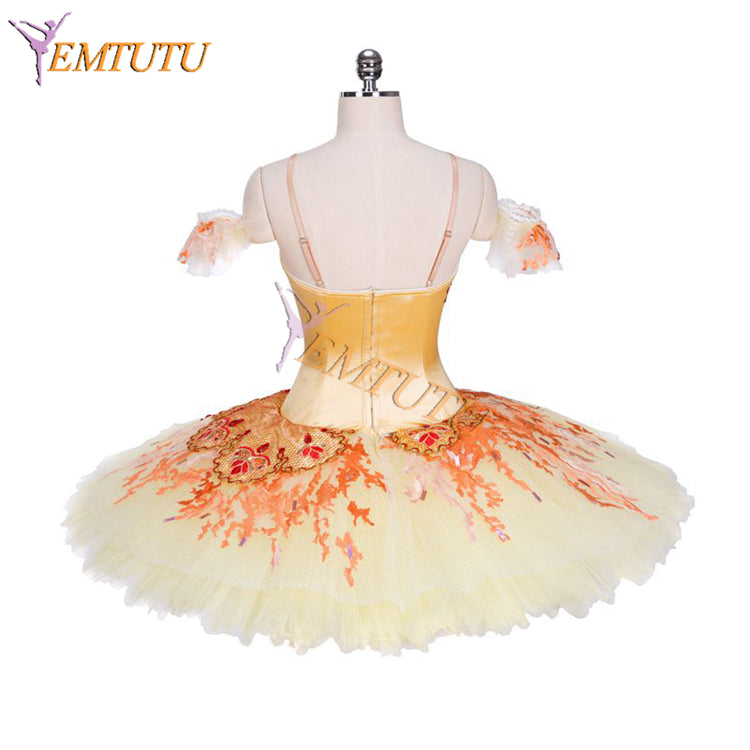 EMTUTU Gold Satin Girl Ballet Dress Firebird Variation Classical Ballet Costume Professional Pancake Tutu