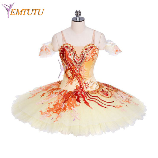 EMTUTU Gold Satin Girl Ballet Dress Firebird Variation Classical Ballet Costume Professional Pancake Tutu