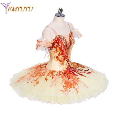 EMTUTU Gold Satin Girl Ballet Dress Firebird Variation Classical Ballet Costume Professional Pancake Tutu