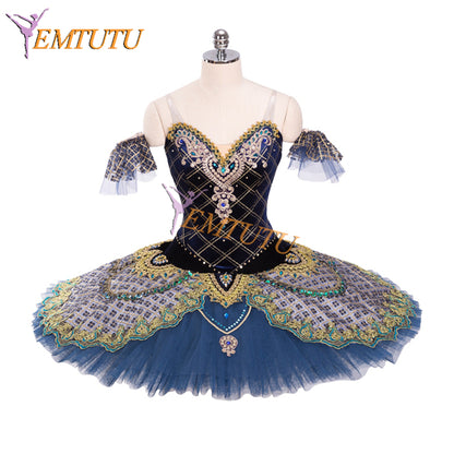 EMTUTU Girls Navy Blue Velvet Raymonda Variation Professional Pancake Tutu Classical Ballet Costumes