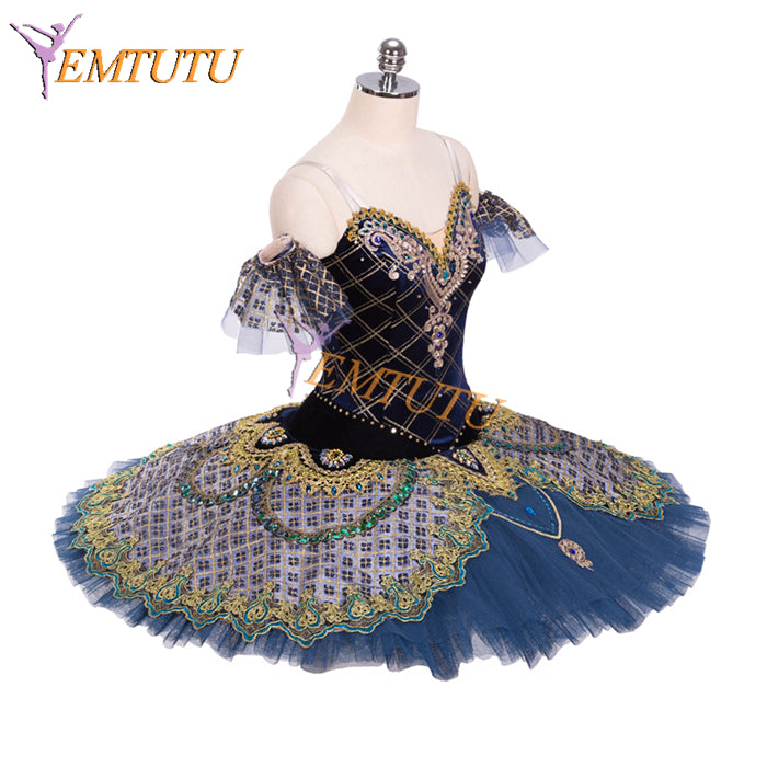 EMTUTU Girls Navy Blue Velvet Raymonda Variation Professional Pancake Tutu Classical Ballet Costumes