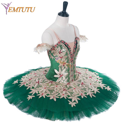 EMTUTU Green Velvet Hooks and Eyes Professional Ballet Costume La Esmeralda Variation Ballet Platter Tutu EM1285