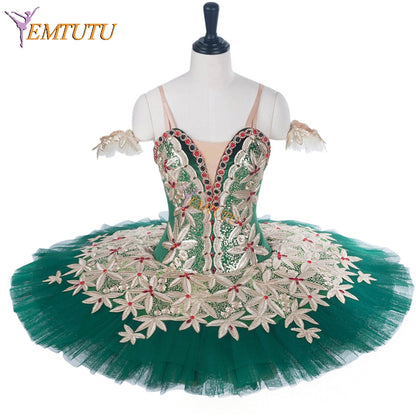 EMTUTU Green Velvet Hooks and Eyes Professional Ballet Costume La Esmeralda Variation Ballet Platter Tutu EM1285