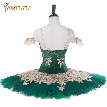 EMTUTU Green Velvet Hooks and Eyes Professional Ballet Costume La Esmeralda Variation Ballet Platter Tutu EM1285