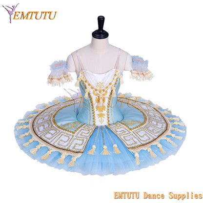 EMTUTU Blue and Gold Professional Sleeping Beauty Classic Stage Costume Ballerina Dance Performance Pancake Ballet Dress Tutu