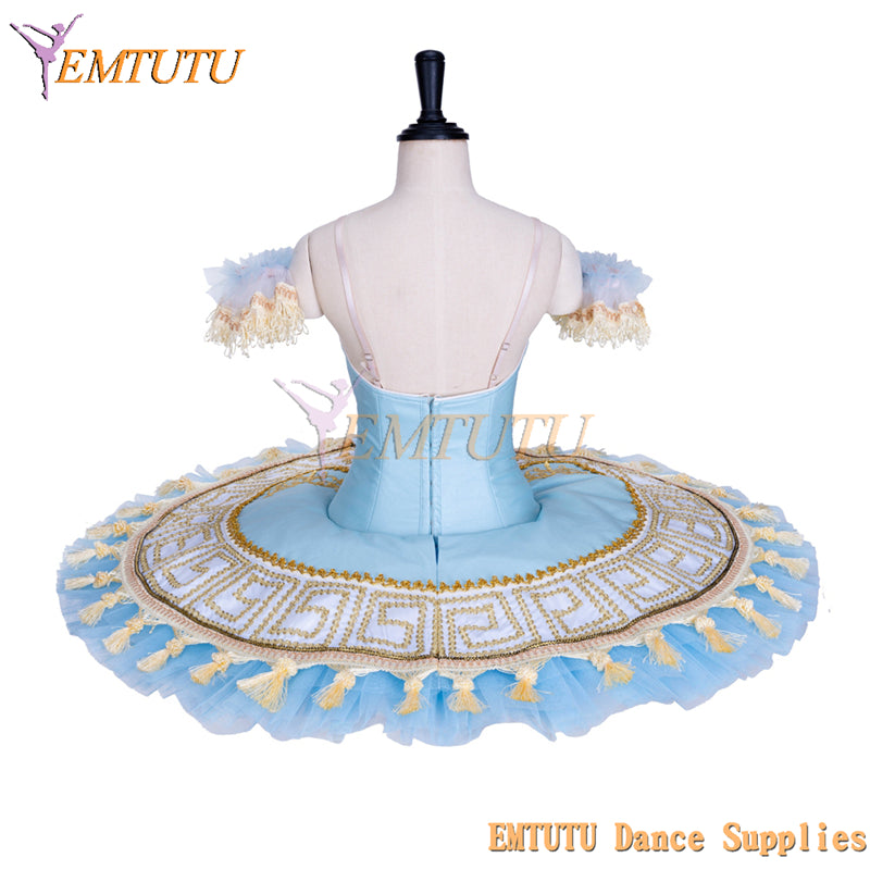 EMTUTU Blue and Gold Professional Sleeping Beauty Classic Stage Costume Ballerina Dance Performance Pancake Ballet Dress Tutu