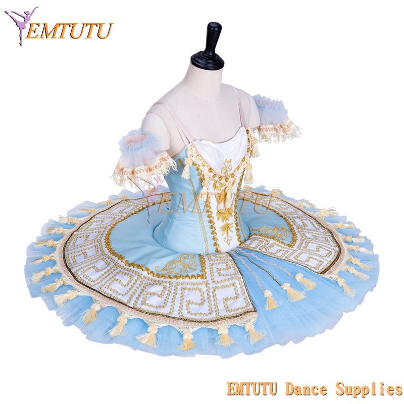 EMTUTU Blue and Gold Professional Sleeping Beauty Classic Stage Costume Ballerina Dance Performance Pancake Ballet Dress Tutu