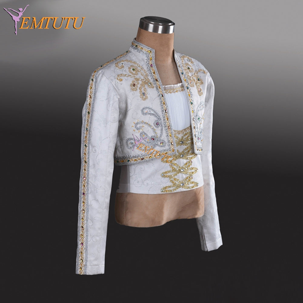 EMTUTU Customized Man' White Ballet Dance Tunic Jacket 2-piece Prince Jacket professional Classical Silver Spanish Ballet Costume